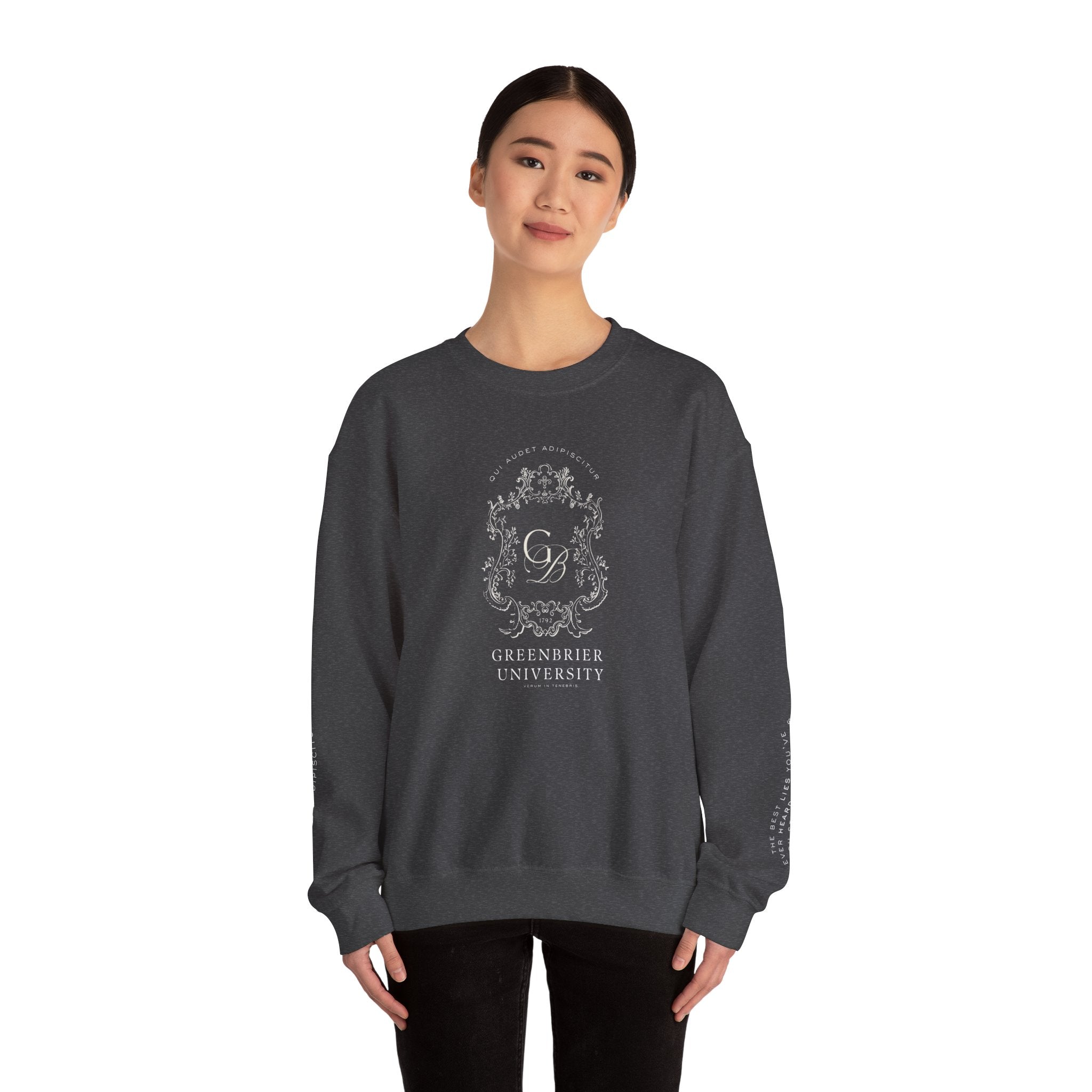 Greenbrier University Sweatshirt with Latin Arm Detail and Quote on Arms