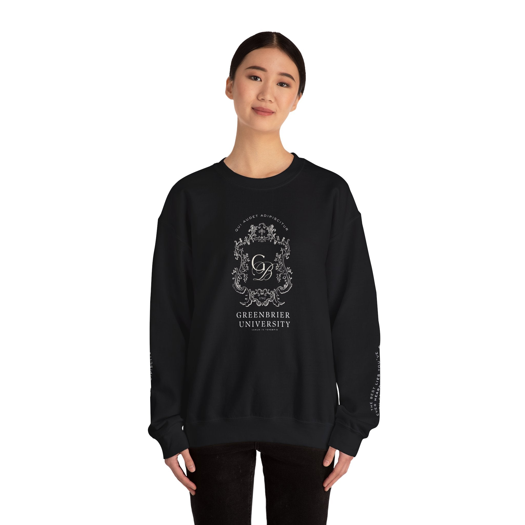 Greenbrier University Sweatshirt with Latin Arm Detail and Quote on Arms
