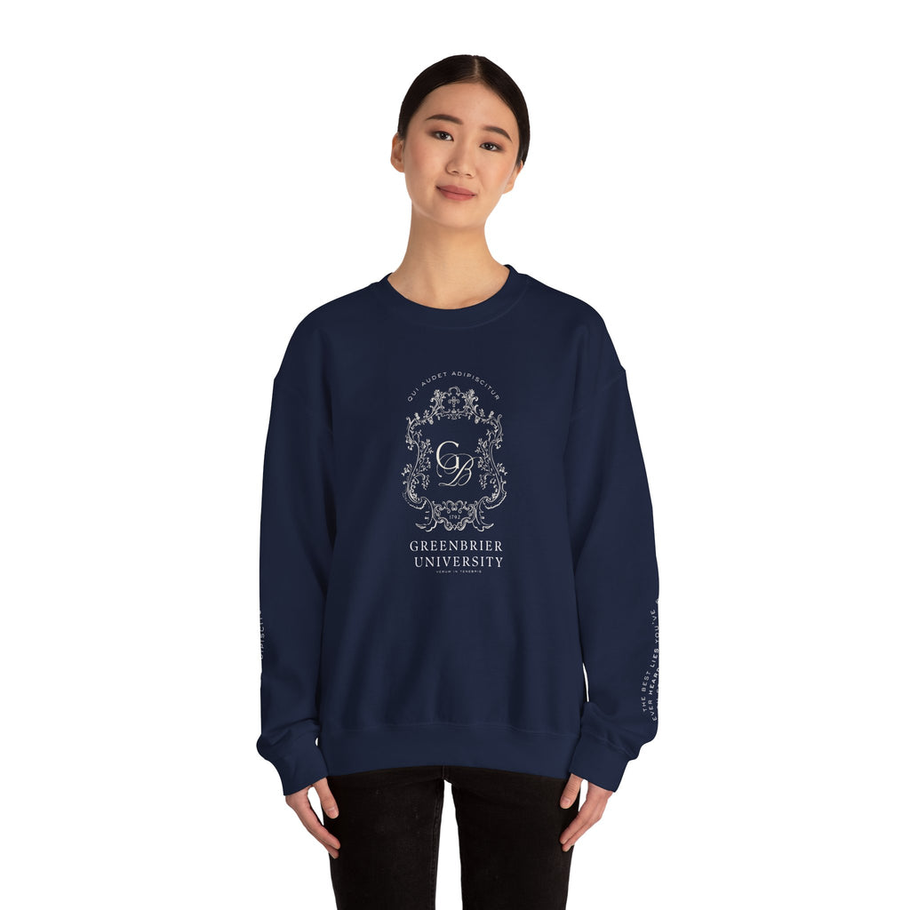 Greenbrier University Sweatshirt with Latin Arm Detail and Quote on Arms