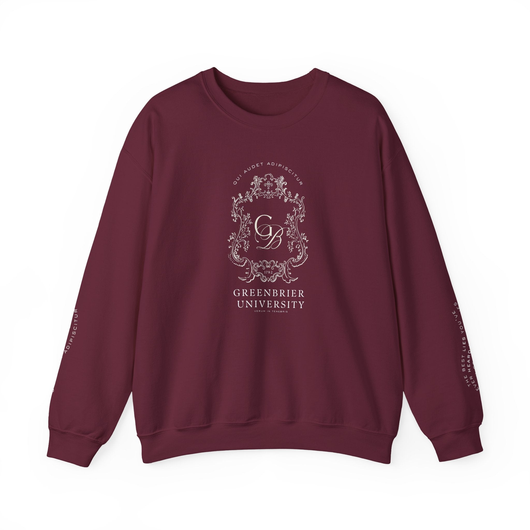 Greenbrier University Sweatshirt with Latin Arm Detail and Quote on Arms