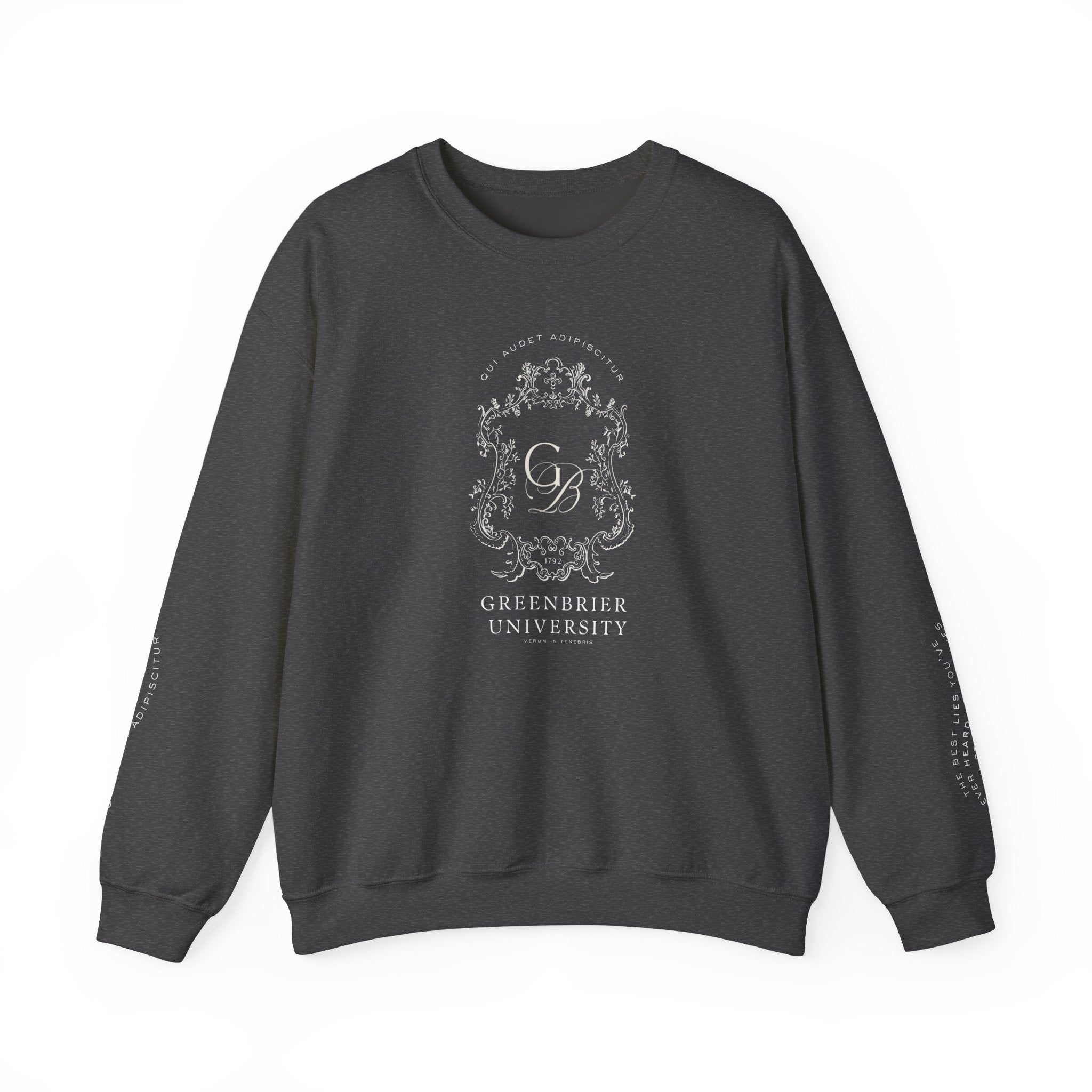 Greenbrier University Sweatshirt with Latin Arm Detail and Quote on Arms
