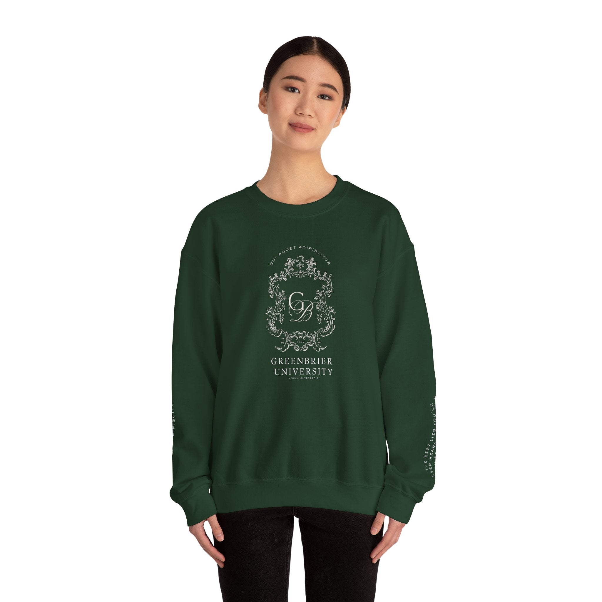 Greenbrier University Sweatshirt with Latin Arm Detail and Quote on Arms