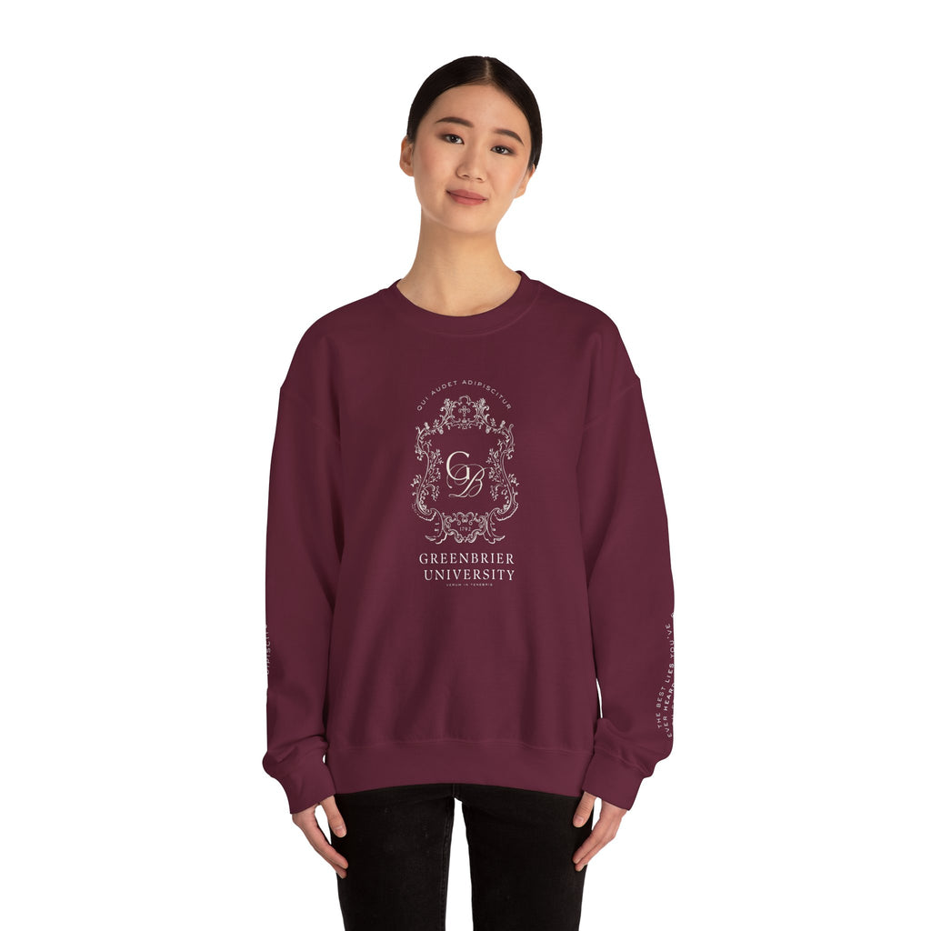 Greenbrier University Sweatshirt with Latin Arm Detail and Quote on Arms
