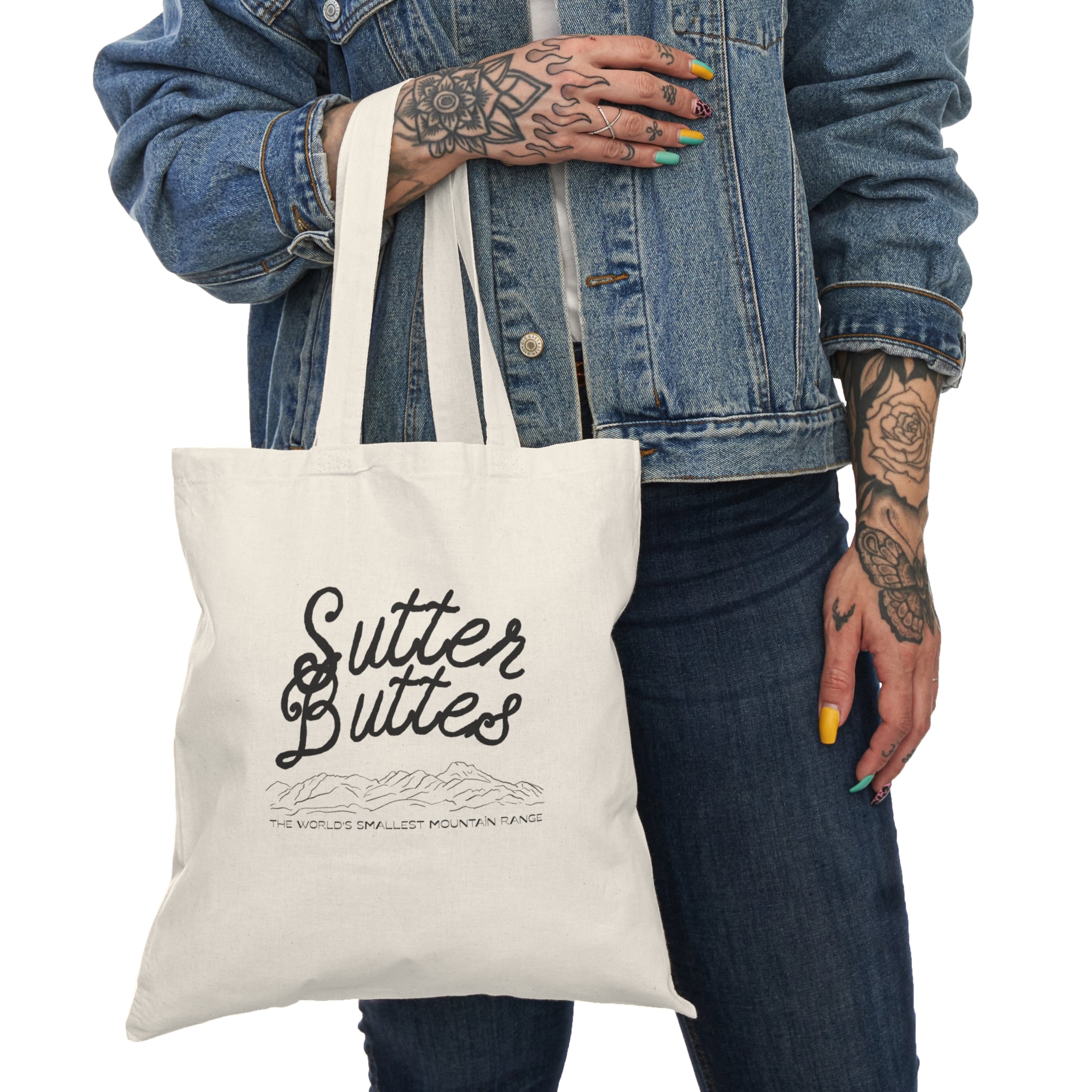 Sutter Buttes Natural Cotton Tote — Scenic Mountain Script Market Bag