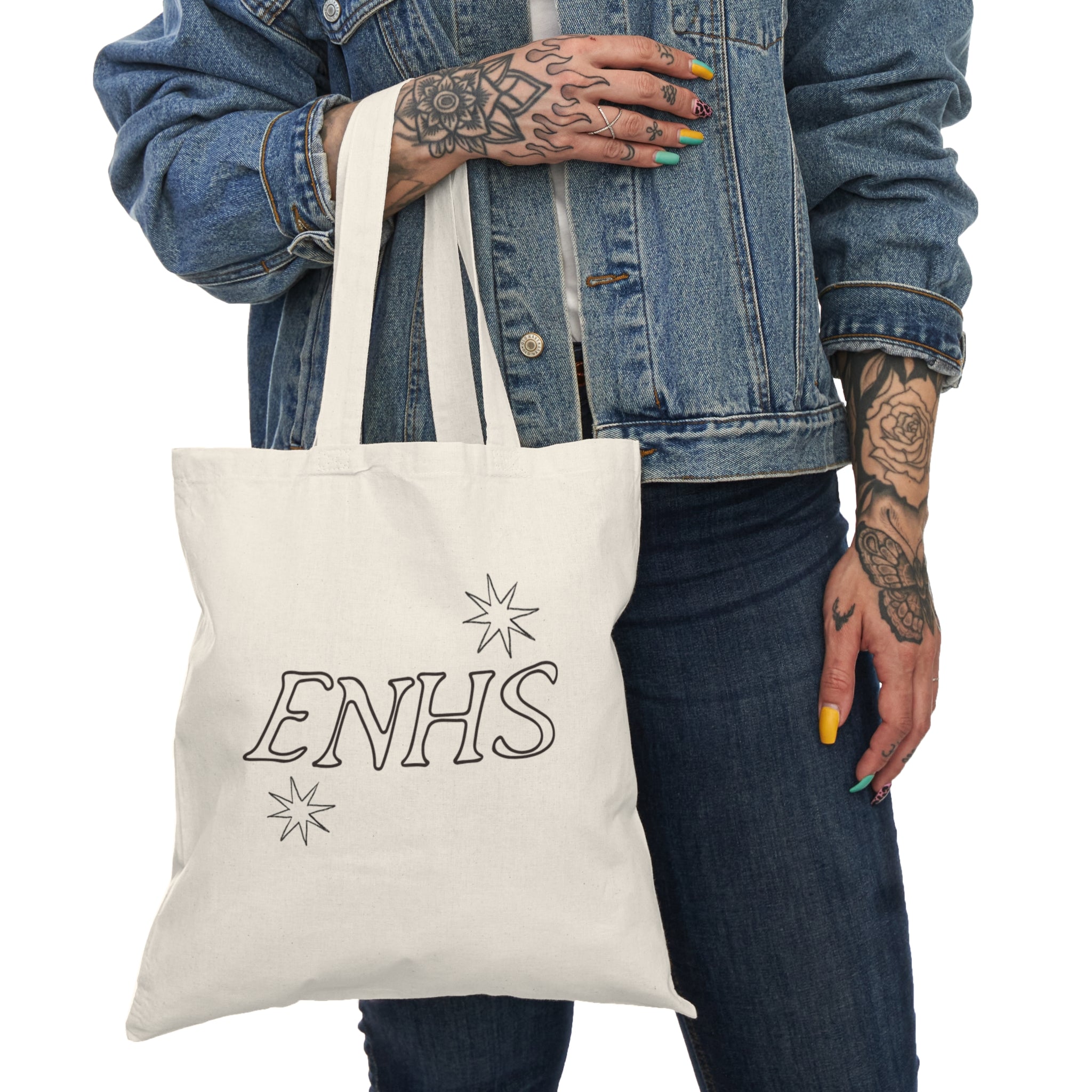 ENHS East Nicolaus High School Star Script Tote Bag — Natural Canvas Grocery & Everyday Tote